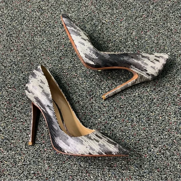 SCHUTZ Grey Black White Metallic Leather Snakeskin Print Pumps Stiletto Heel 6.5 - Picture 2 of 16